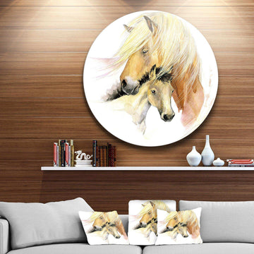 Horse Mom Baby Watercolor - Animal Metal Circle Wall Art
